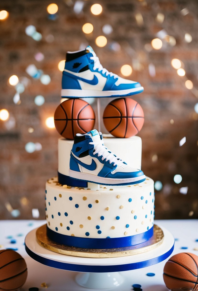 Two sneaker-themed wedding cake toppers placed on a tiered cake, surrounded by mini basketballs and confetti