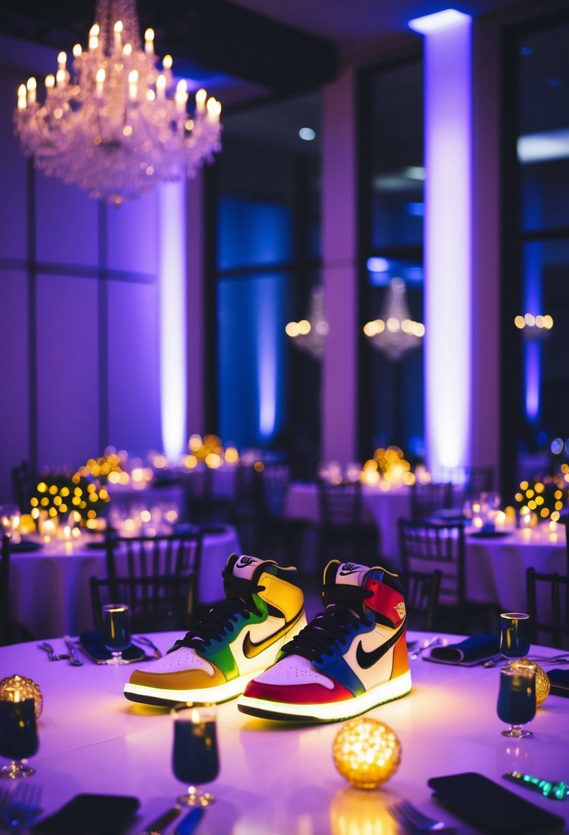 A dimly lit room with LED-lit sneaker centerpieces scattered across tables, creating a vibrant and modern ambiance for a sneaker ball wedding