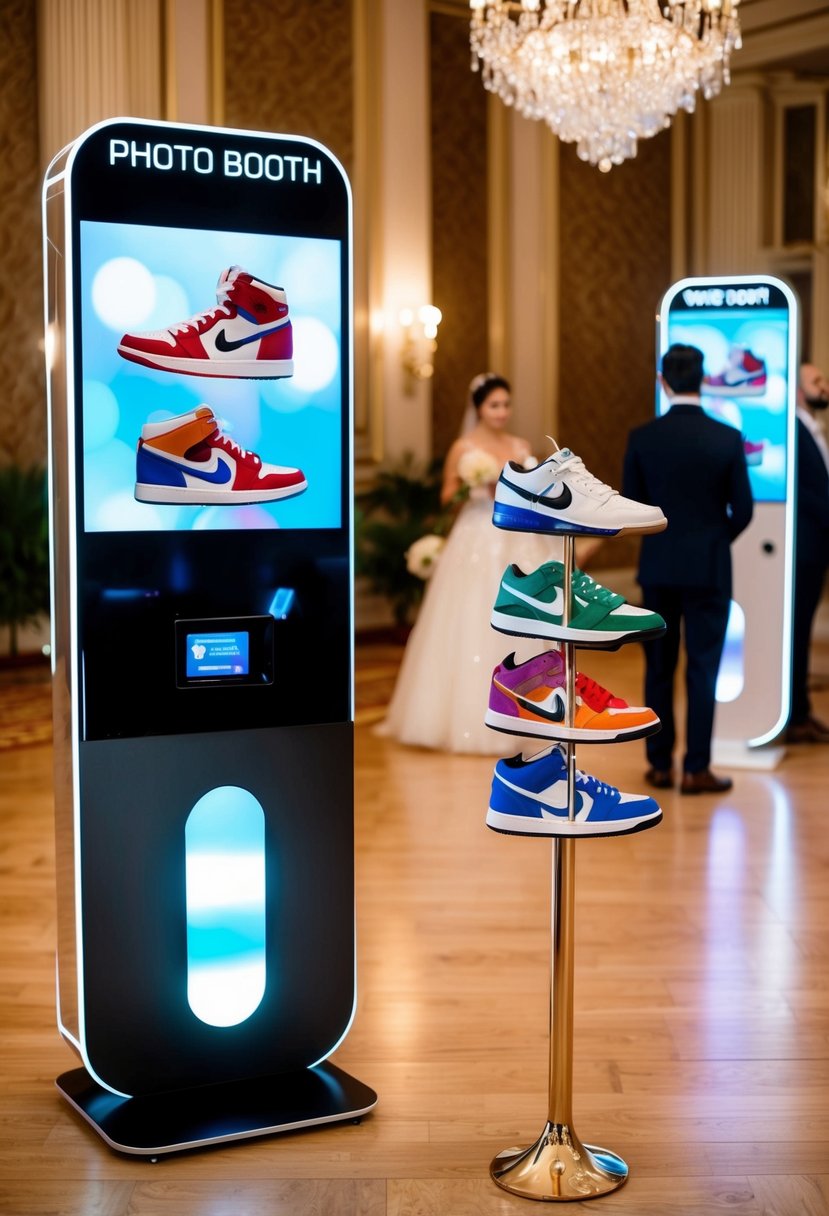 A sleek, futuristic photo booth with interactive screens and a display of colorful sneakers. A wedding scene with elegant decor and a ballroom ambiance