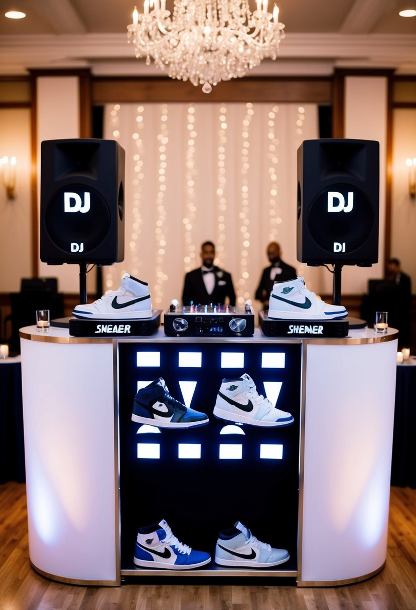 A sleek DJ booth adorned with branded sneakers at a sneaker-themed ballroom wedding