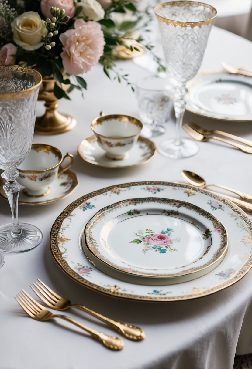 A table set with elegant, ornate plates in various sizes and designs, adorned with delicate floral patterns and intricate gold trim