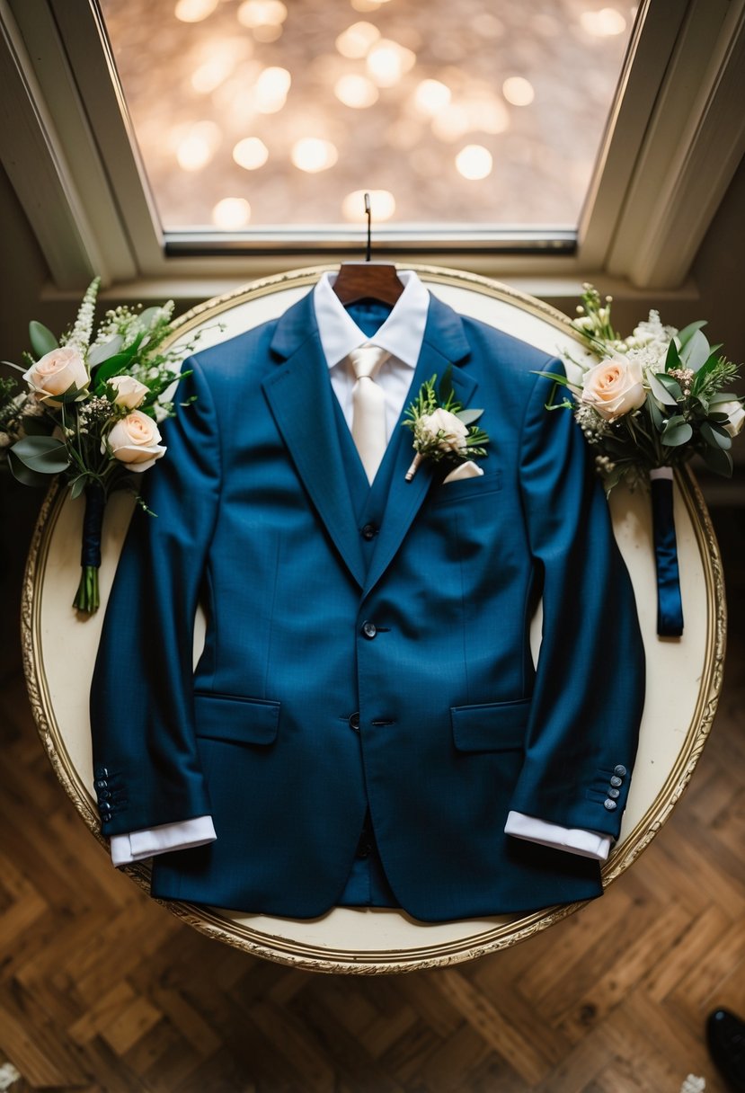 A groom's suit laid out on a vintage table with a boutonniere and cufflinks, surrounded by fresh flowers and a soft, warm light