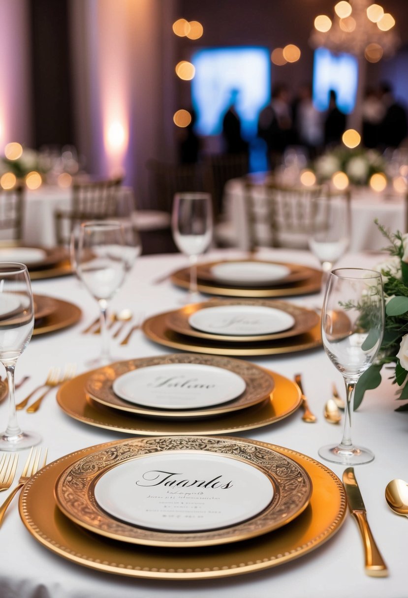 A table set with elegant, personalized name plates for a wedding reception, each plate uniquely crafted and adorned with intricate designs