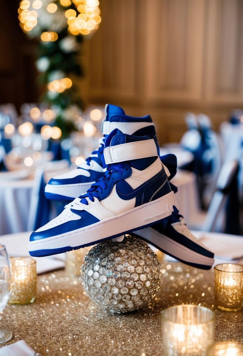 Sneaker boutonnieres arranged in a decorative ball for a unique wedding centerpiece