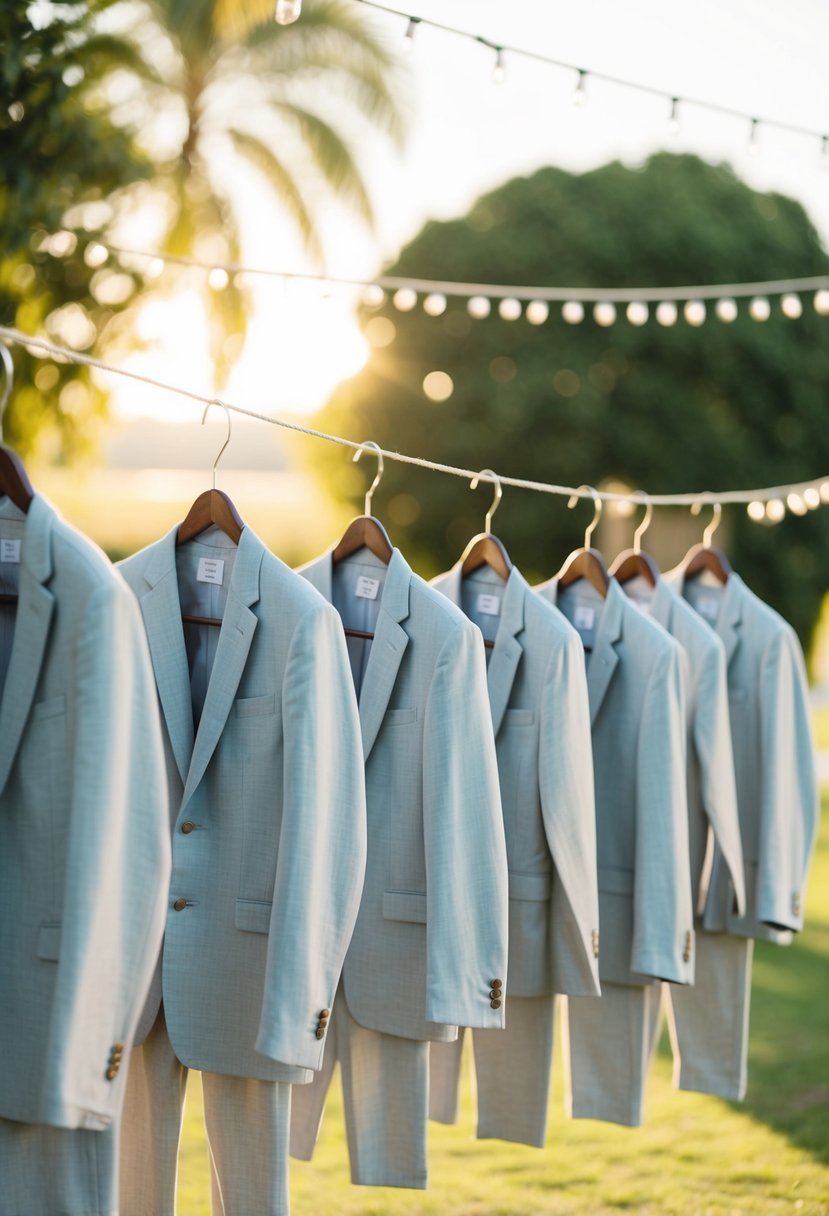 A group of linen suits hanging on a clothesline, swaying gently in the breeze against a backdrop of a sunny outdoor wedding venue