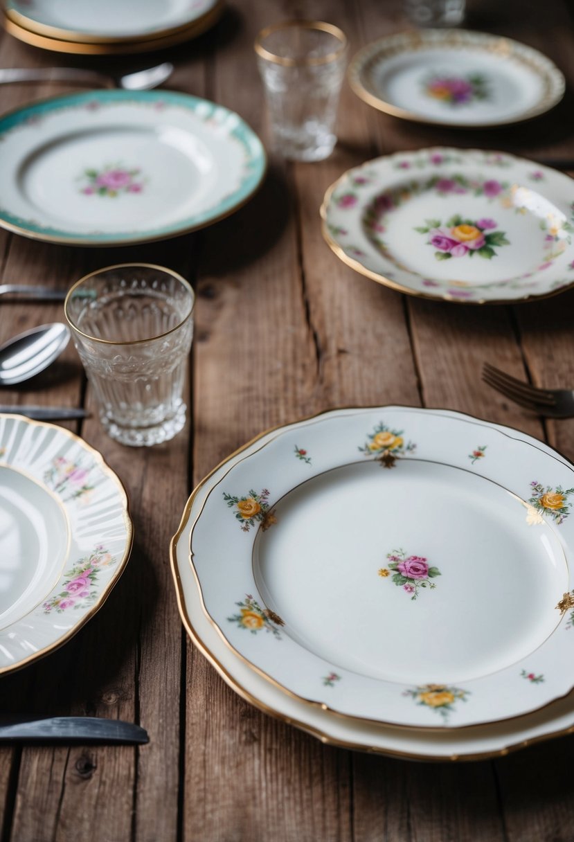 A rustic wooden table adorned with mismatched vintage china plates, each delicately patterned with floral designs and gold trim