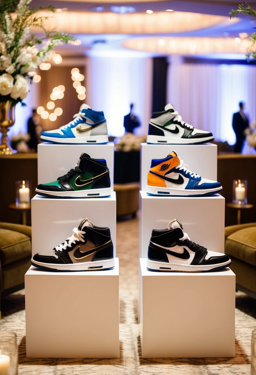 A lavish lounge area with designer sneakers displayed on pedestals, surrounded by elegant decor and soft lighting for a sneaker-themed wedding