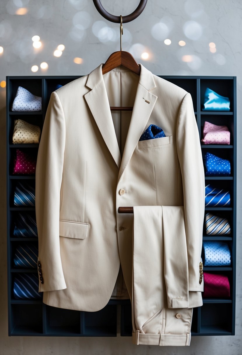 A neatly folded cotton suit jacket and trousers on a wooden hanger, surrounded by a selection of colorful tie and pocket square options