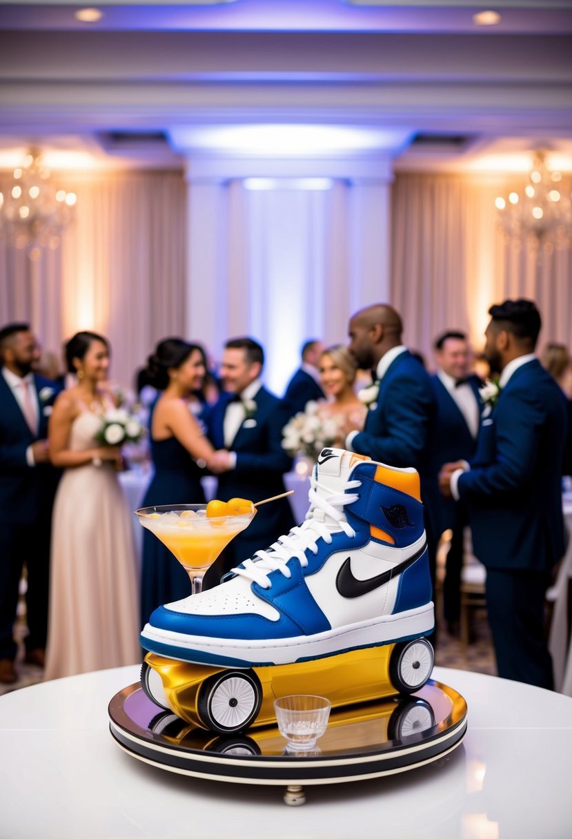 A sleek sneaker-shaped cocktail bar with themed drinks, surrounded by elegant ballroom decor and wedding guests in formal attire