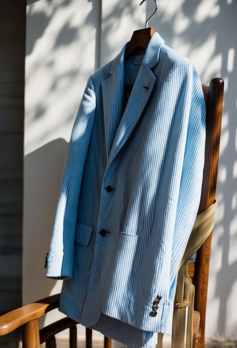 A seersucker suit draped over a wooden chair, with sunlight casting shadows on the textured fabric