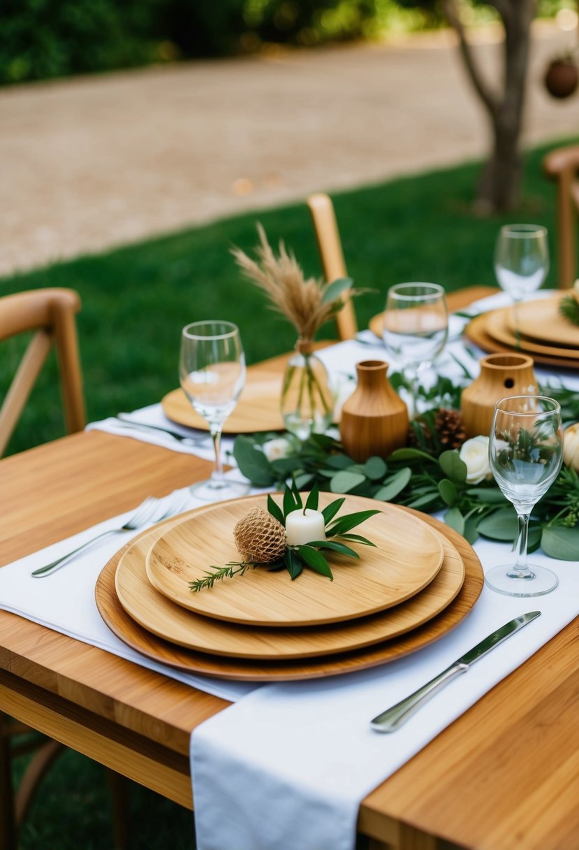 A table set with elegant bamboo plates, adorned with natural decorations for a sustainable wedding celebration