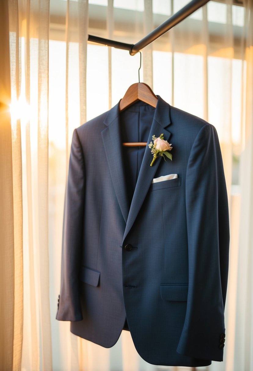 A groom's suit hanging on a wooden hanger, bathed in soft pastel hues from the warm summer sunlight filtering through a sheer curtain