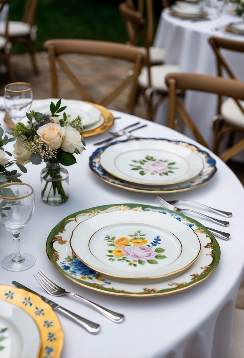 A table set with hand-painted ceramic plates in various wedding-themed designs, including florals and intricate patterns