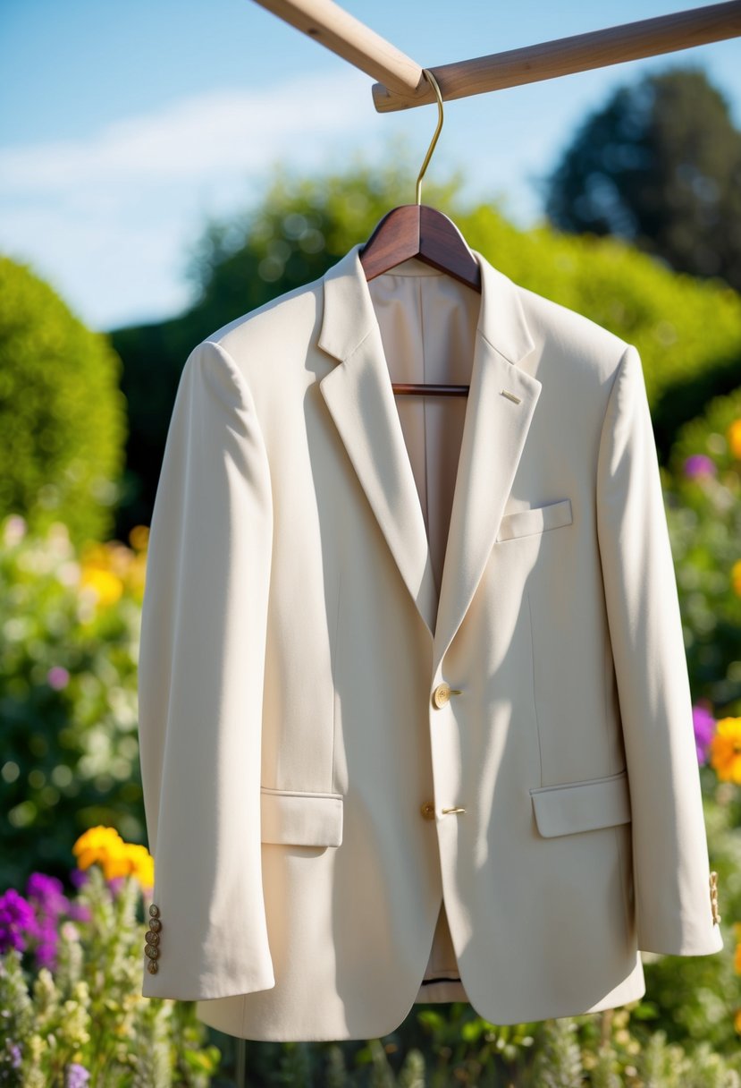 A light beige suit hanging on a wooden hanger against a backdrop of a sunny outdoor setting with greenery and flowers