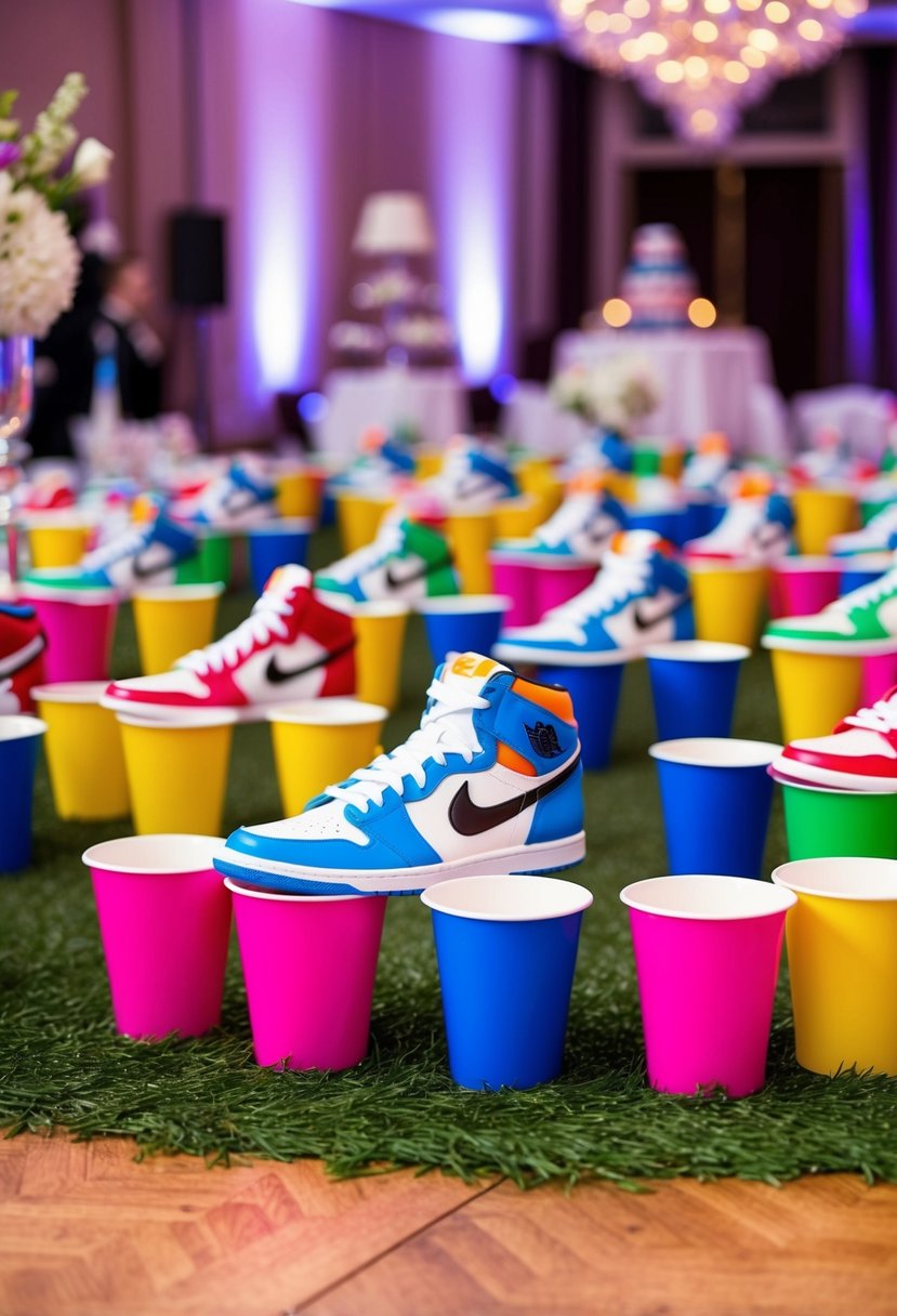 Colorful sneaker-themed party cups arranged around a ballroom, with sneaker motifs and wedding decor in the background