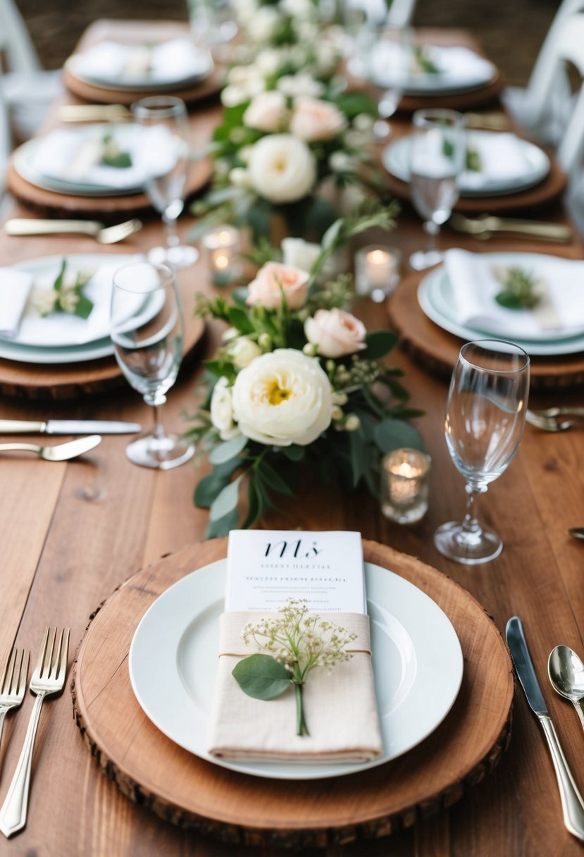 A table set with rustic wooden chargers, adorned with elegant wedding plates and delicate floral centerpieces