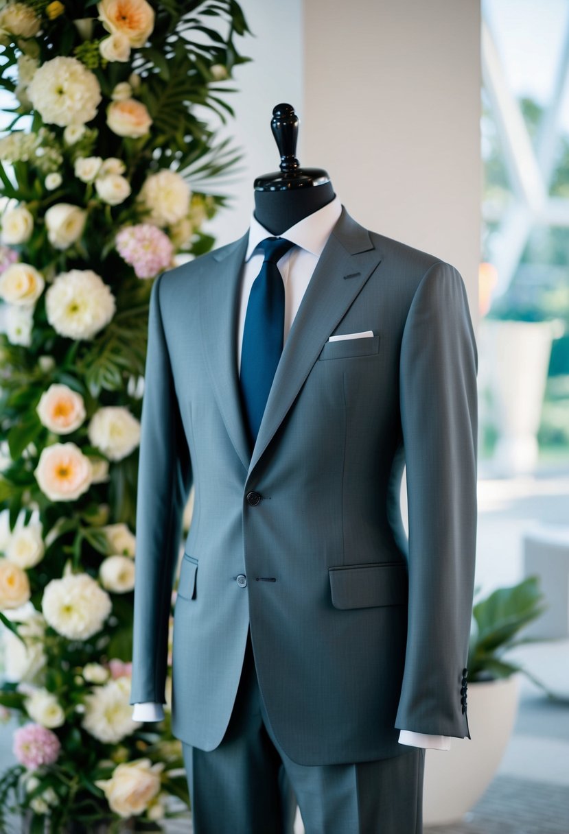 A sleek, tailored suit in cool grays, set against a backdrop of elegant summer florals and modern decor