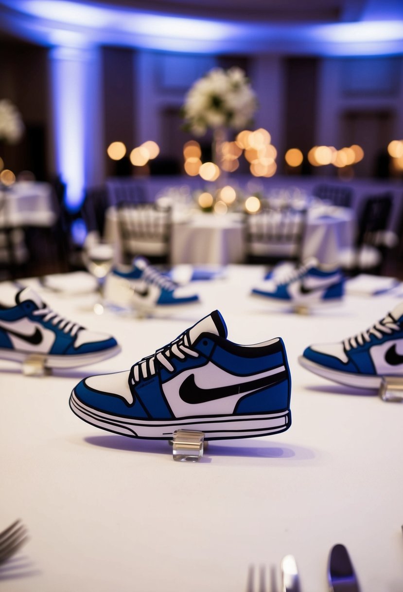 Sneaker-shaped place cards arranged on a table at a wedding reception, with a ballroom setting in the background