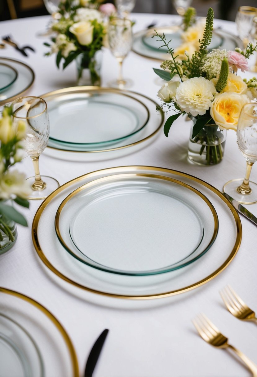 Gold-rimmed glass plates arranged in a circular pattern on a white linen tablecloth, surrounded by delicate floral centerpieces