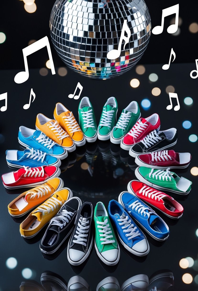 A colorful array of sneakers arranged in a circular pattern, surrounded by disco ball reflections and music notes floating in the air