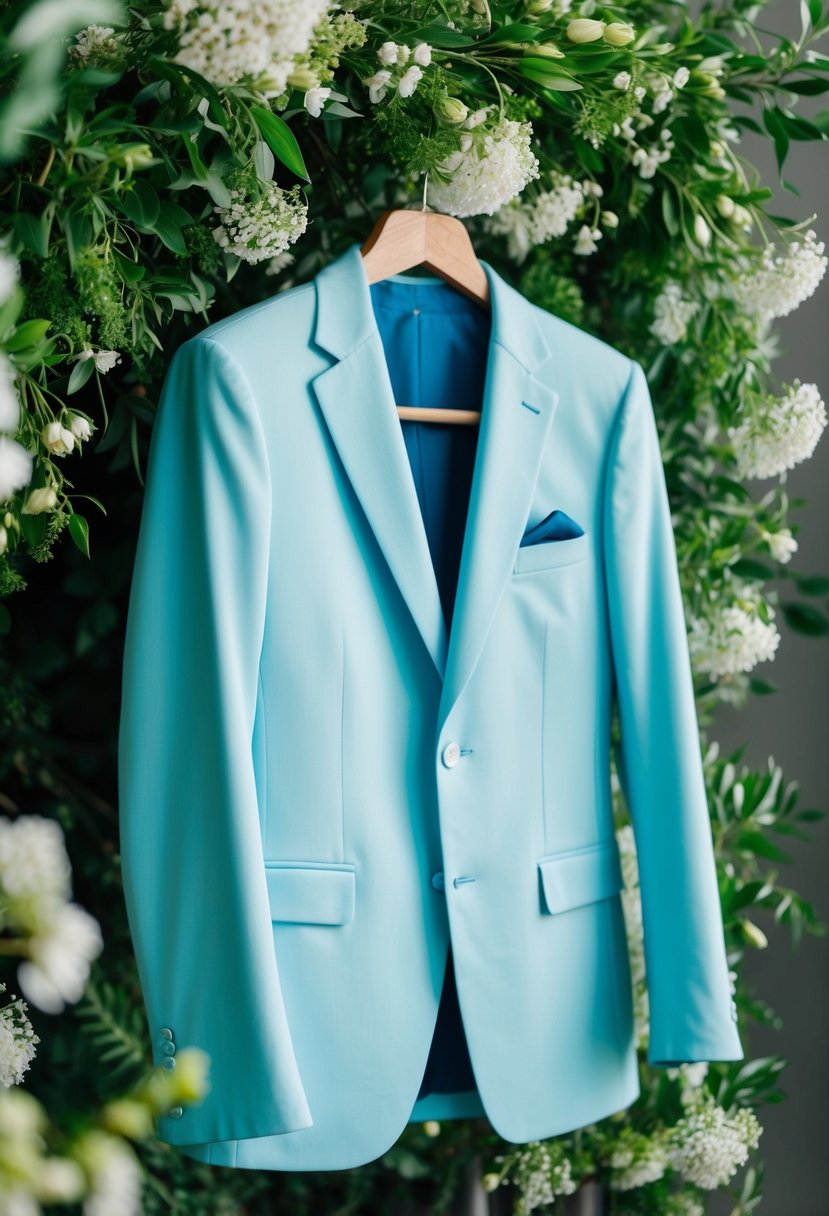 A powder blue suit hanging on a wooden hanger, surrounded by fresh greenery and delicate white flowers