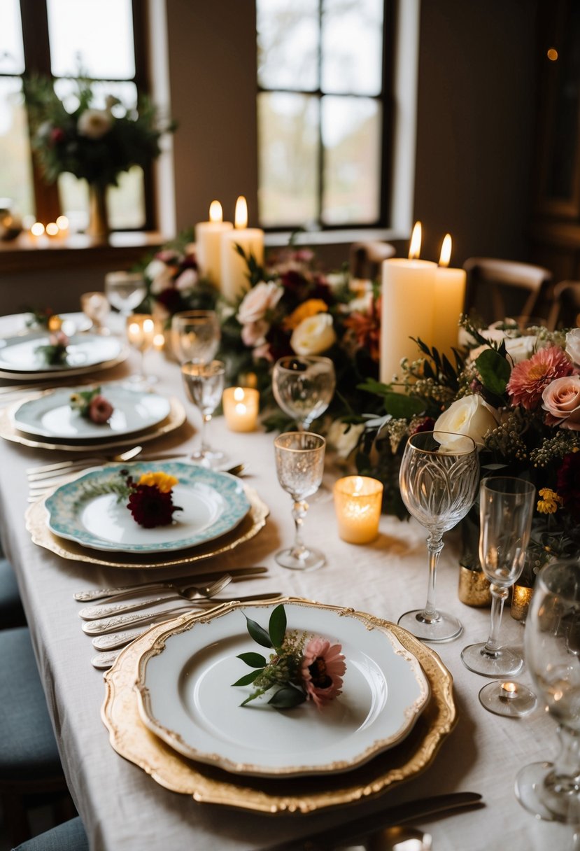 A table set with mismatched vintage dinnerware, adorned with floral centerpieces and candlelight, creating a cozy and romantic atmosphere for a DIY thrifted wedding