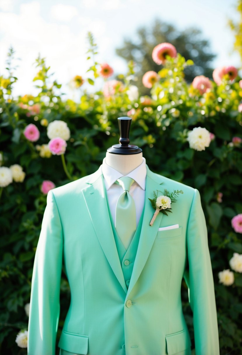 A groom's suit in mint green, set against a backdrop of summer flowers and foliage