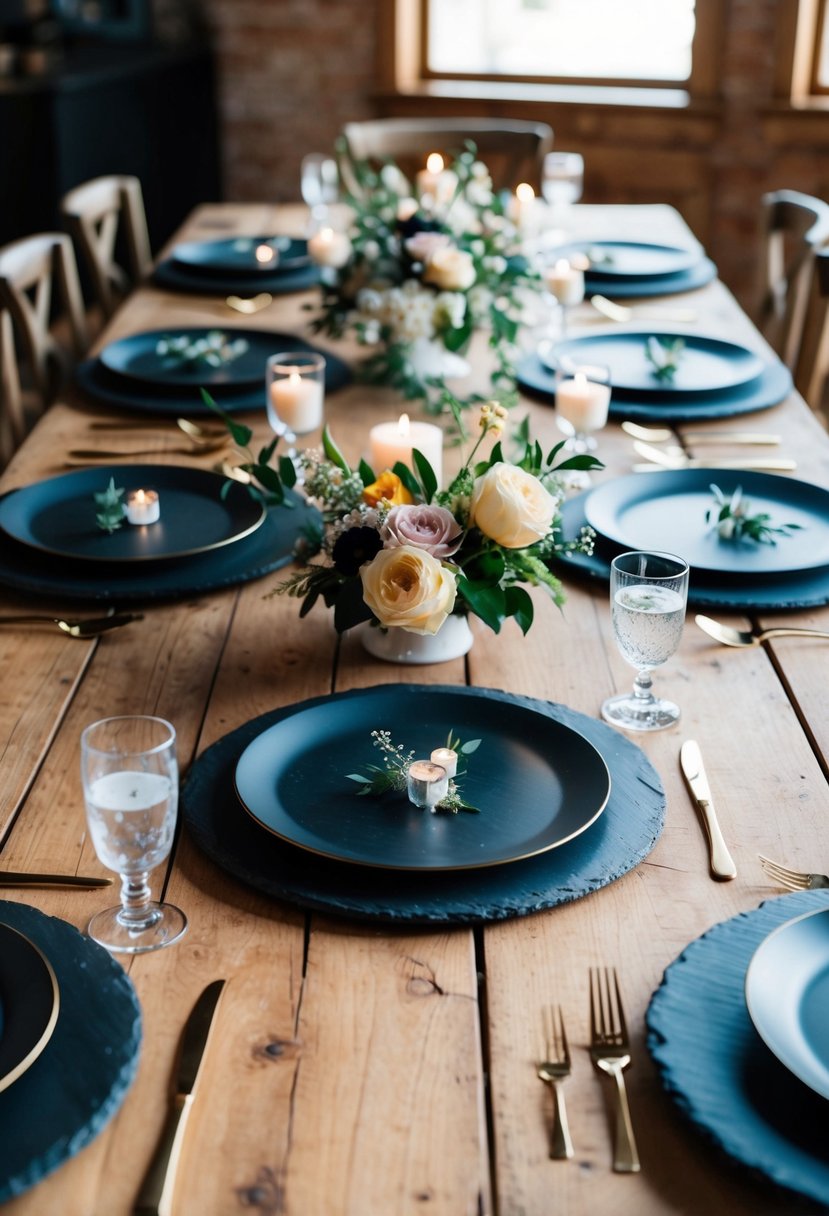 A rustic wooden table adorned with elegant slate anniversary plates, surrounded by delicate floral arrangements and soft candlelight