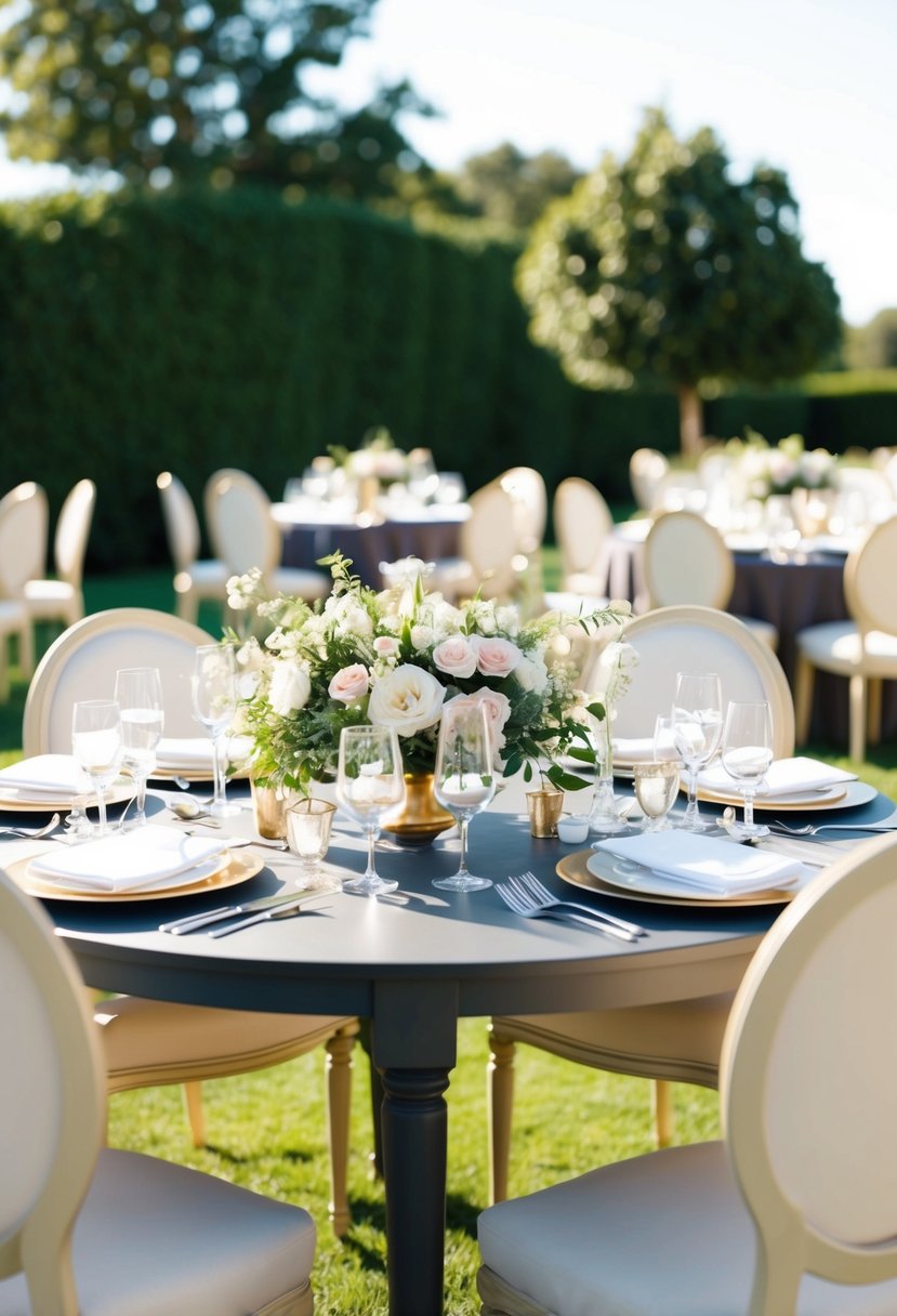 A sunny outdoor wedding with cream suits, floral decor, and elegant table settings