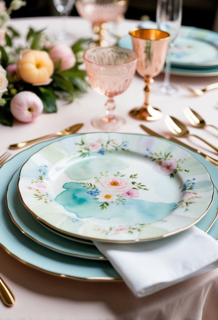 A table set with elegant watercolor design plates in soft pastel hues, adorned with delicate floral patterns and gold trim