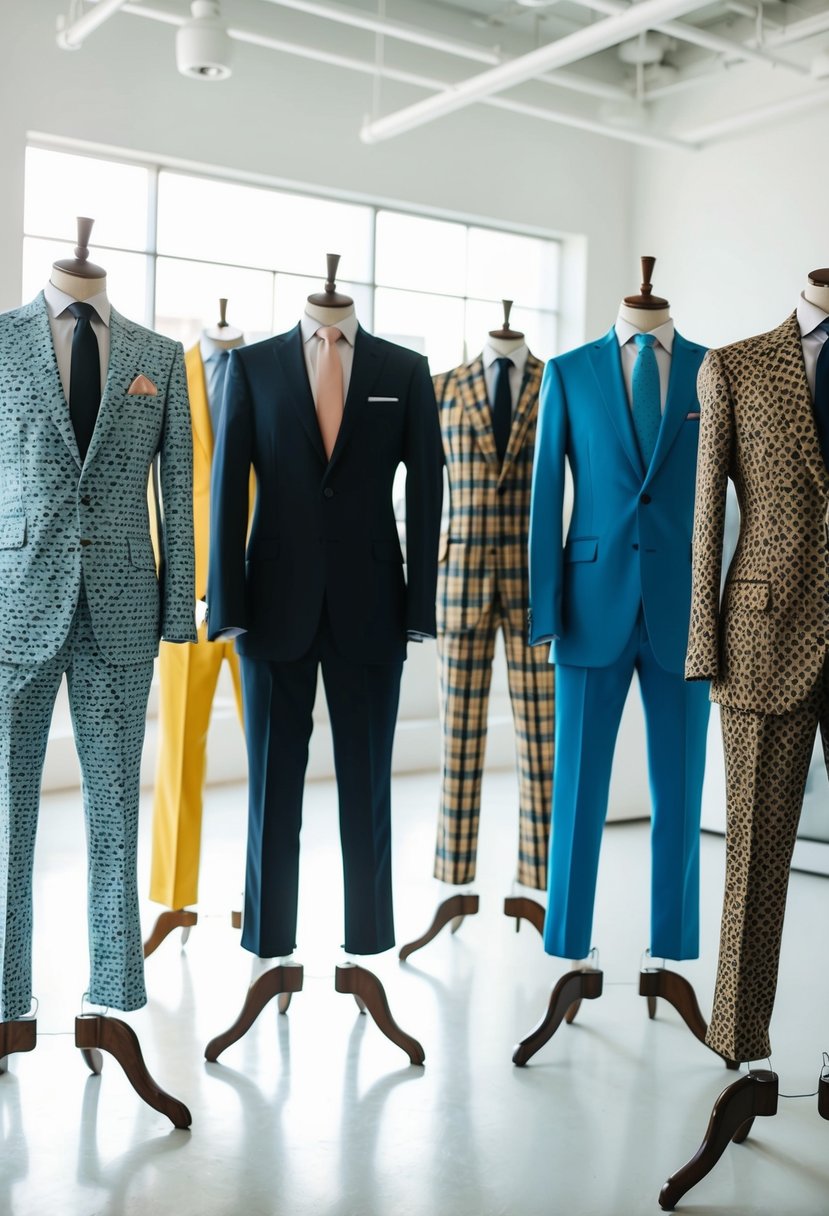 A group of patterned suits in various colors and designs displayed on mannequins in a bright, airy showroom