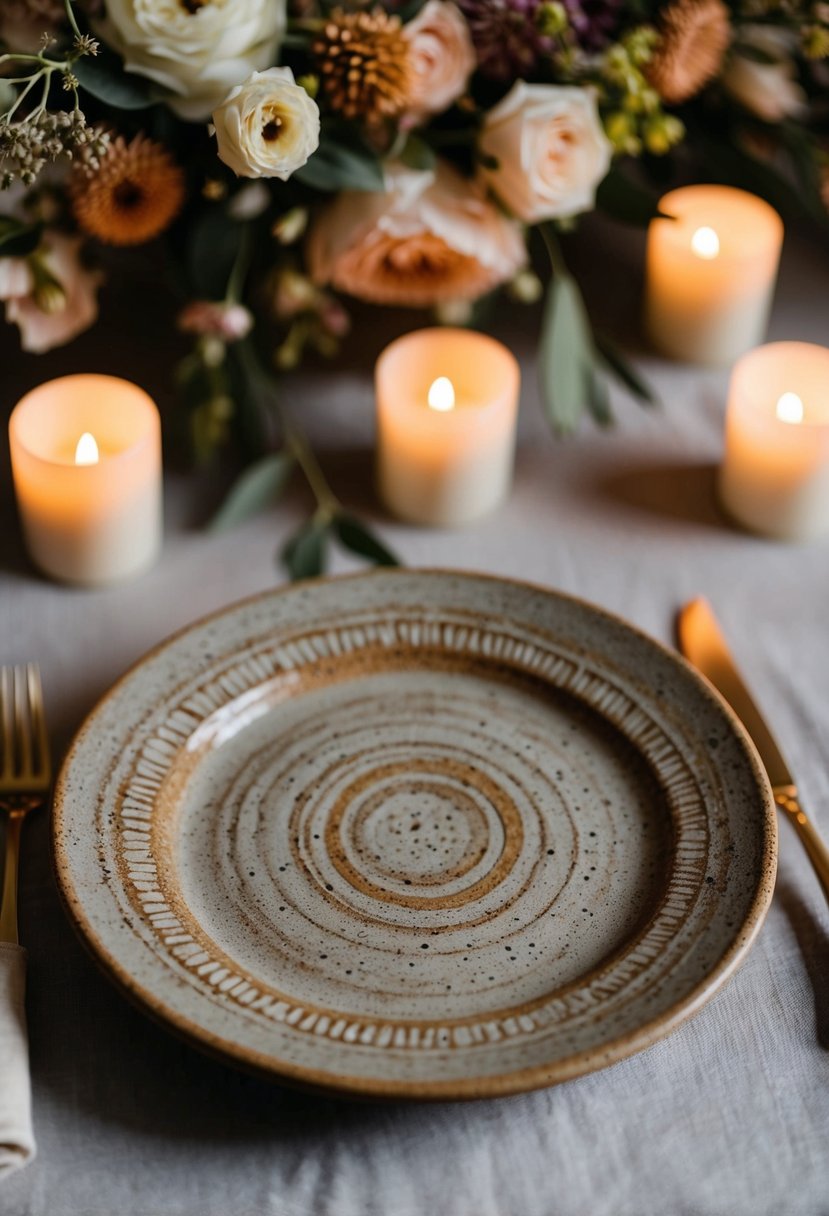 A rustic, handcrafted stoneware plate adorned with intricate textures and earthy tones, set against a backdrop of delicate floral arrangements and flickering candlelight