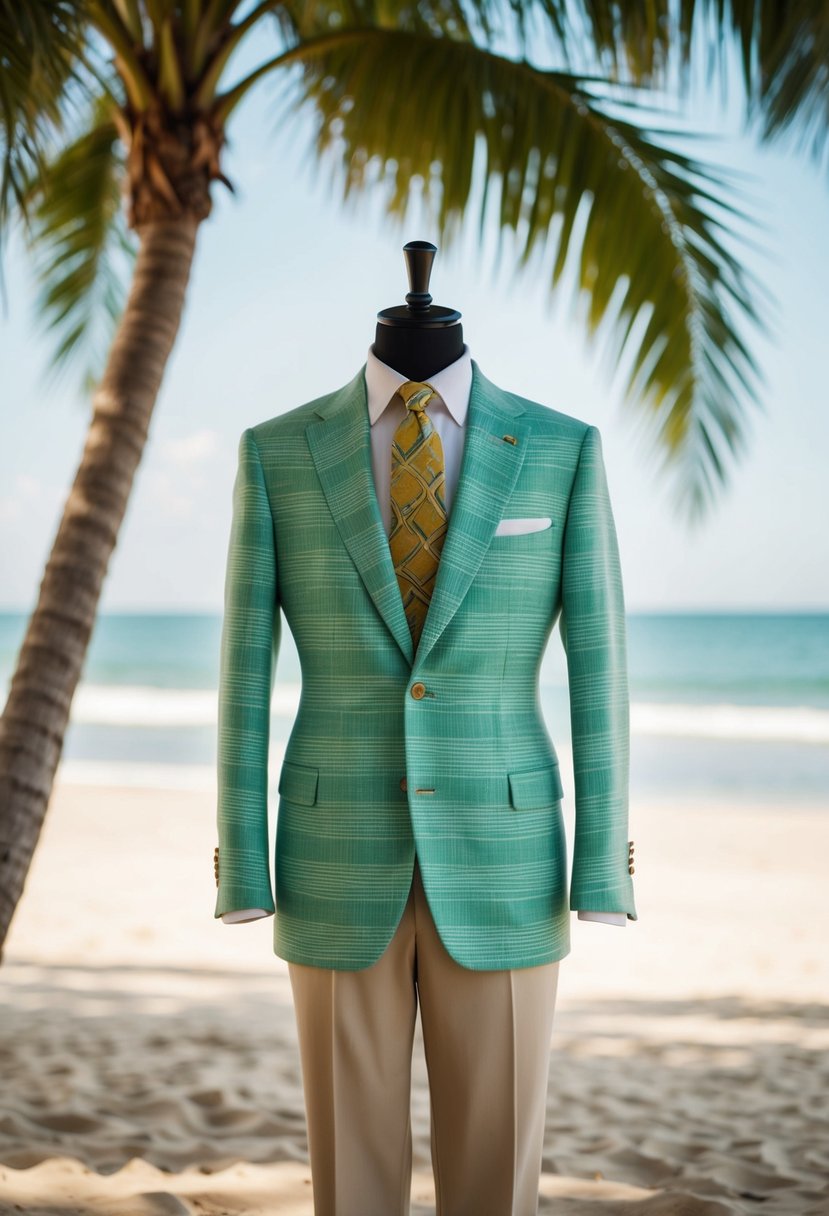 A mannequin dressed in a lightweight, tropical wool suit, set against a backdrop of palm trees and a sandy beach