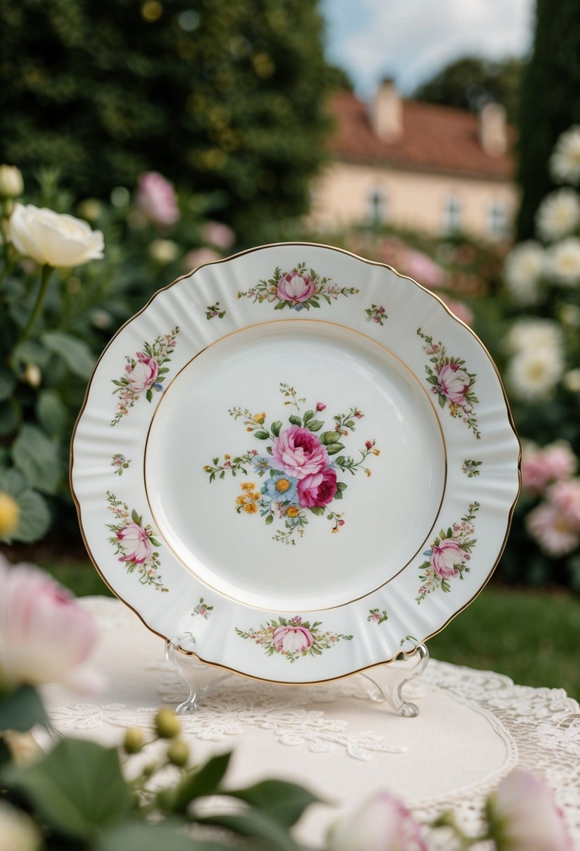 A delicate white porcelain wedding plate adorned with intricate floral patterns and gold trim, set against a backdrop of a romantic European garden