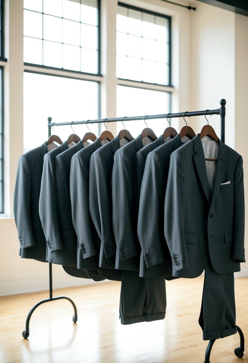 A group of charcoal suits displayed on wooden hangers in a bright, airy room with large windows, showcasing their versatility for a summer wedding