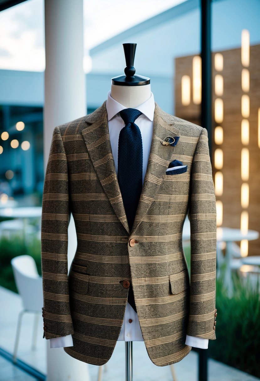 A mannequin dressed in a stylish summer tweed suit, set against a backdrop of a modern and trendy wedding venue