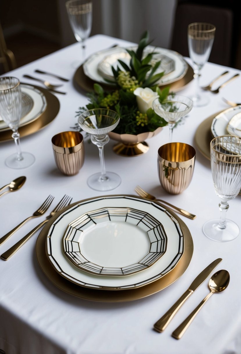 An elegant table setting with Art Deco inspired plates, featuring geometric patterns and metallic accents, arranged on a white tablecloth with complementary tableware