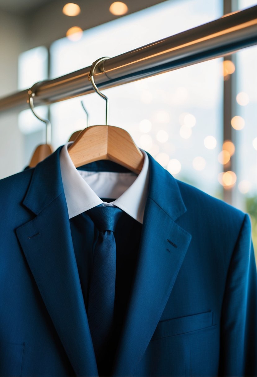 A navy blue suit hanging on a wooden hanger, with a light-filled window in the background