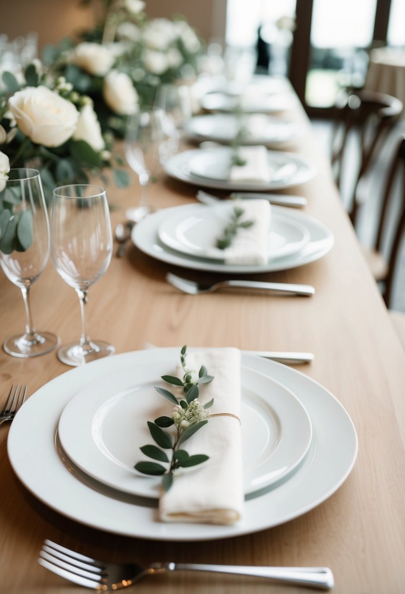 A table set with clean, white minimalist plates for a wedding reception, with simple, elegant design