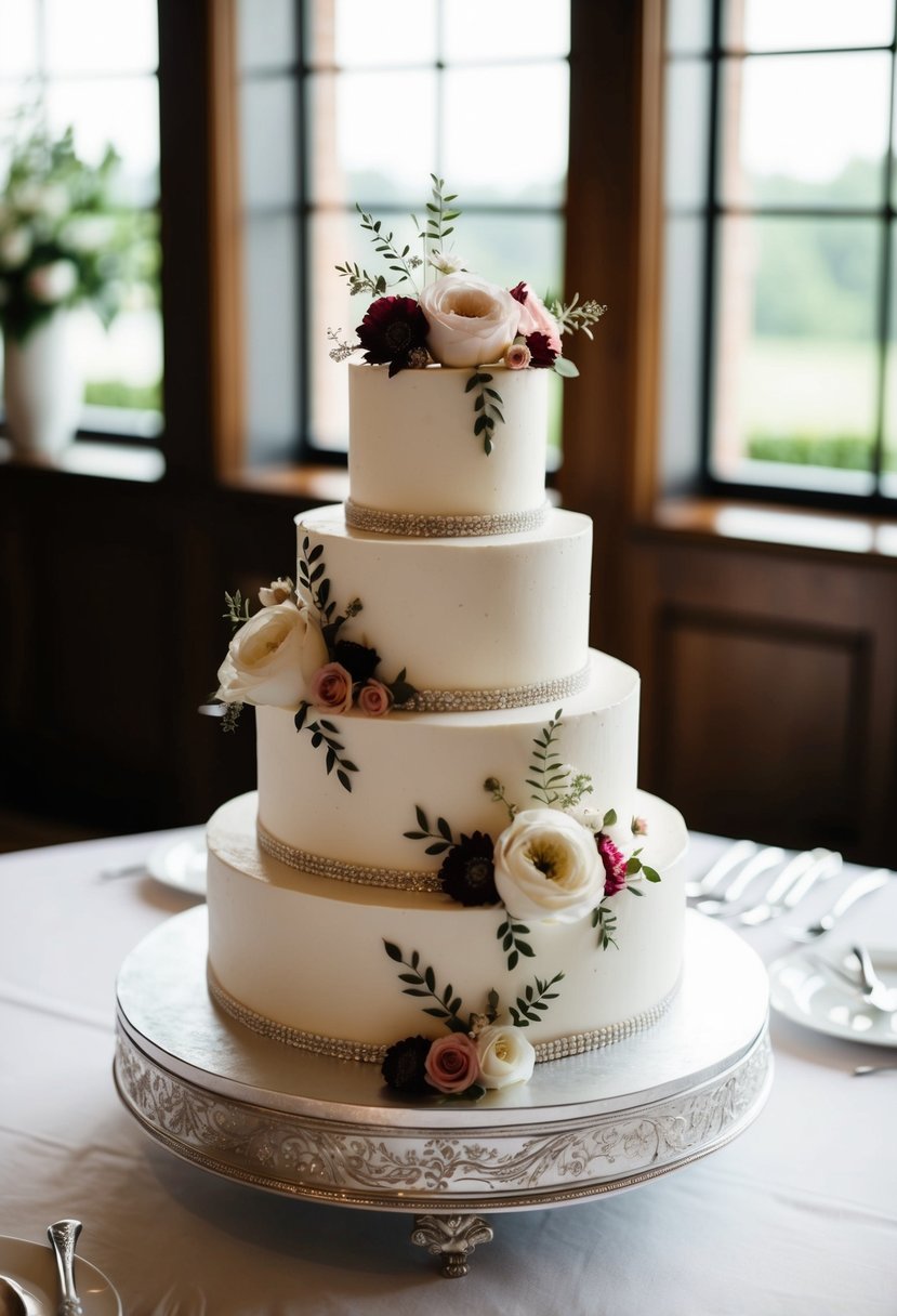 A tiered wedding cake with elegant floral decorations and intricate piping designs