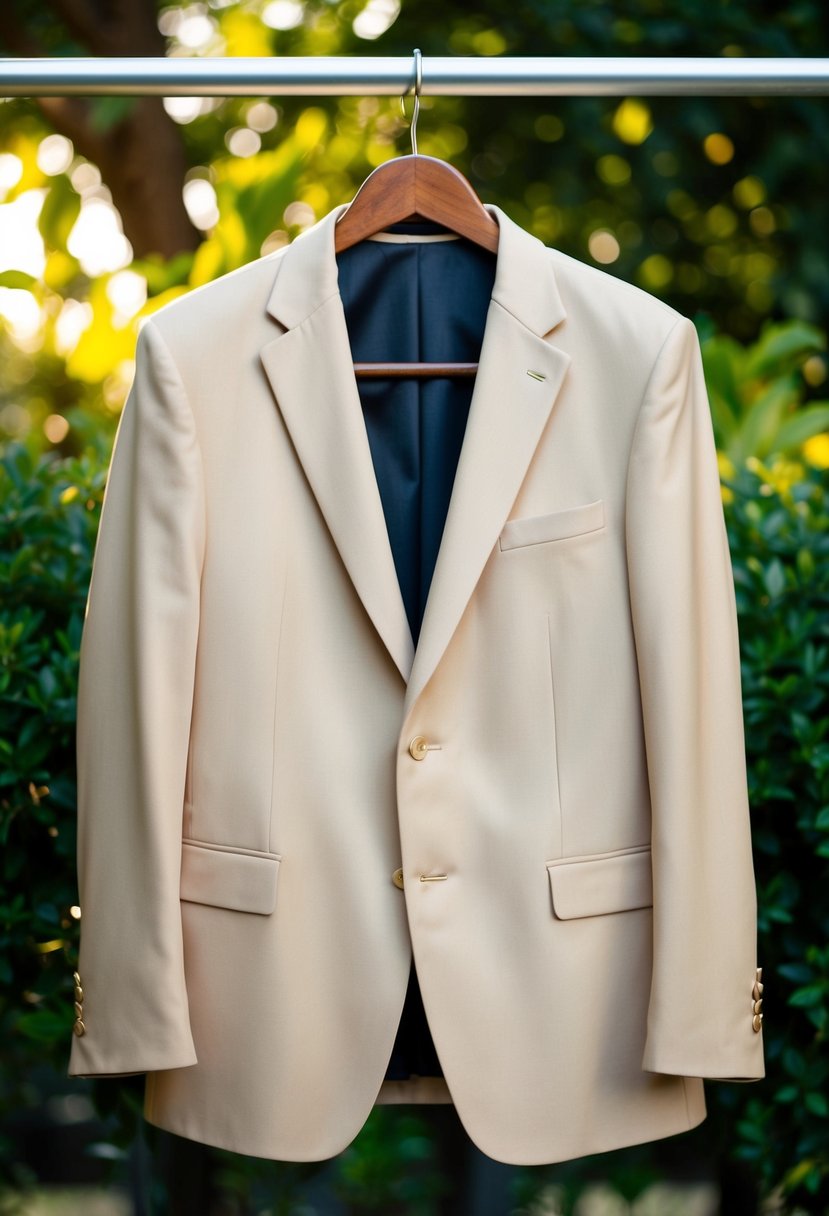 A pale tan suit hanging on a wooden hanger, set against a backdrop of lush greenery and warm sunlight