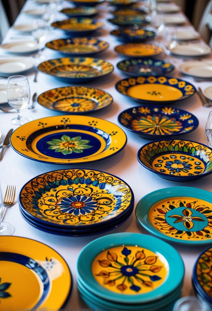 A table adorned with vibrant, hand-painted earthenware wedding plates in various sizes and designs, showcasing a mix of intricate patterns and bold colors