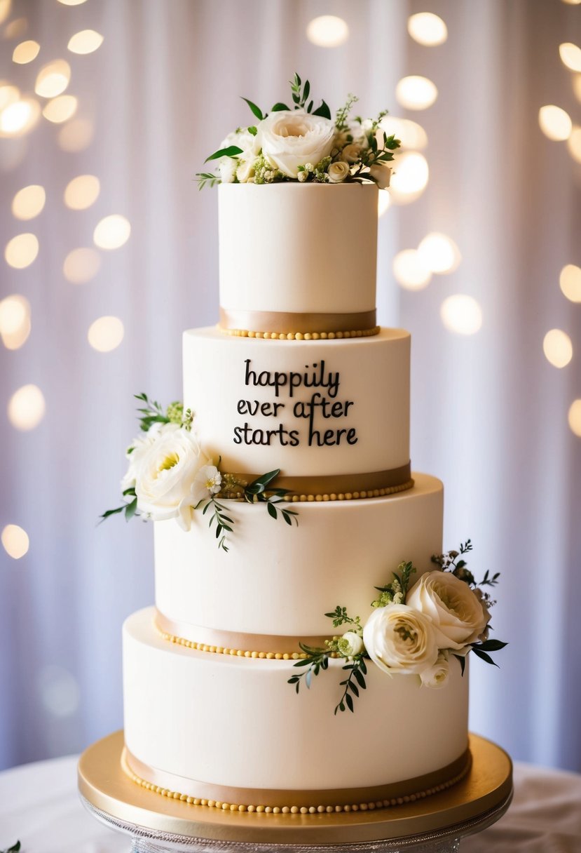 A tiered wedding cake with elegant floral decorations and a "Happily Ever After Starts Here" theme, set against a romantic backdrop