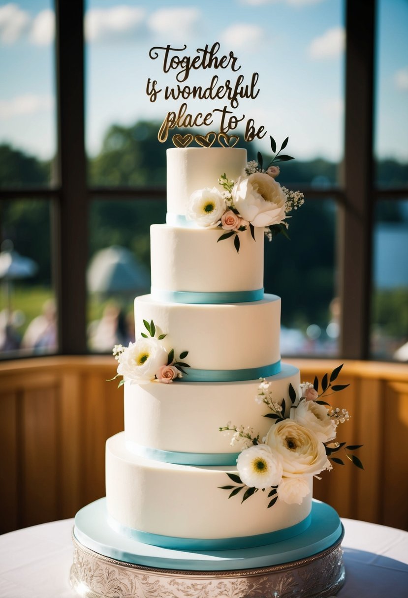 A tiered wedding cake with elegant floral decorations and a romantic "Together is a Wonderful Place to Be" theme