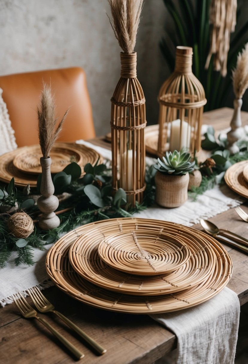 A rustic table setting with rattan plates, surrounded by bohemian decor and natural elements