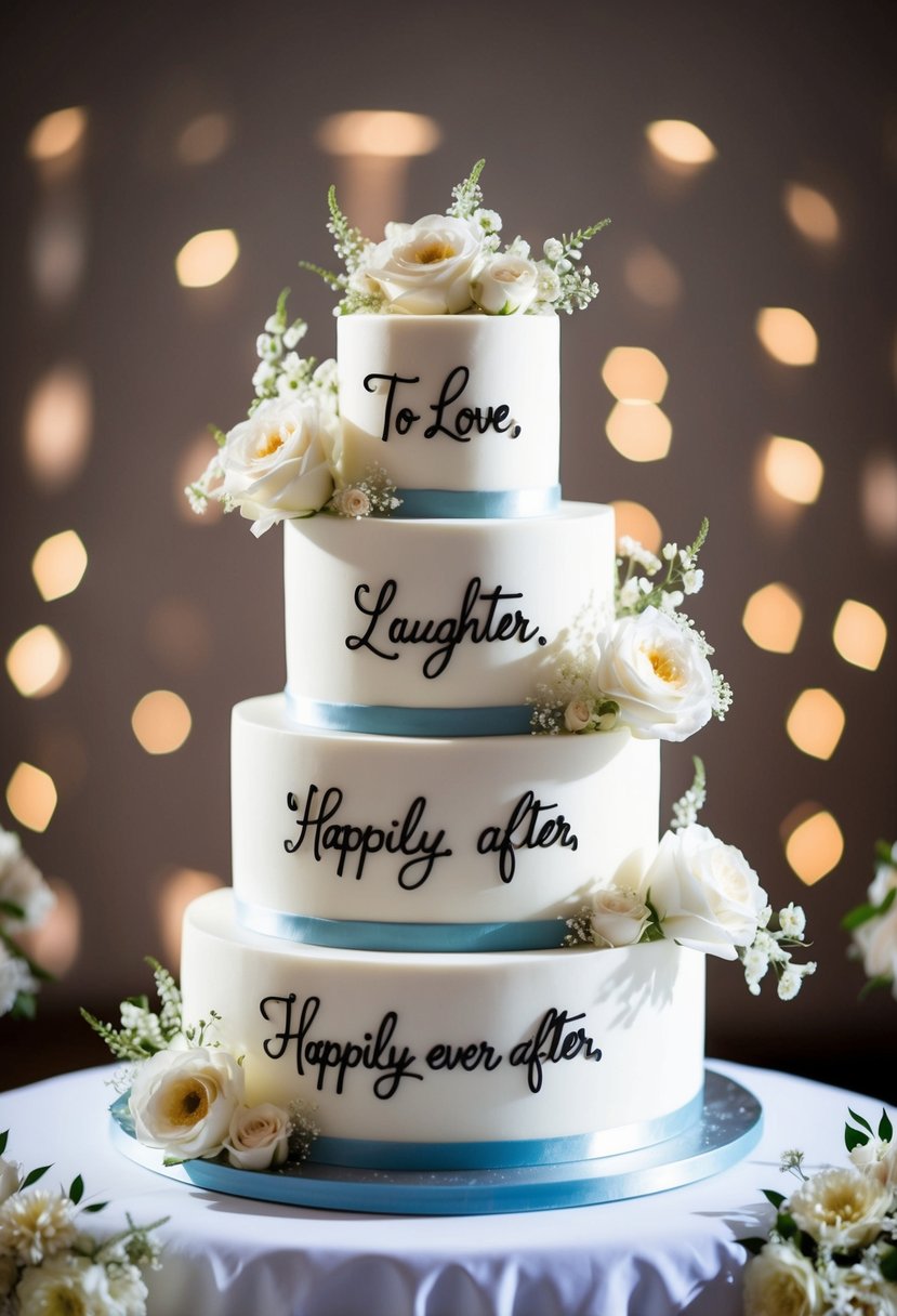 A three-tiered wedding cake with "To Love, Laughter, and Happily Ever After" written in elegant script surrounded by delicate floral decorations