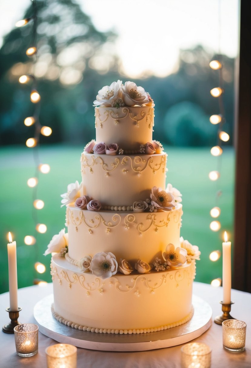 A three-tiered wedding cake adorned with delicate sugar flowers and intricate piping designs, surrounded by twinkling fairy lights and romantic candles