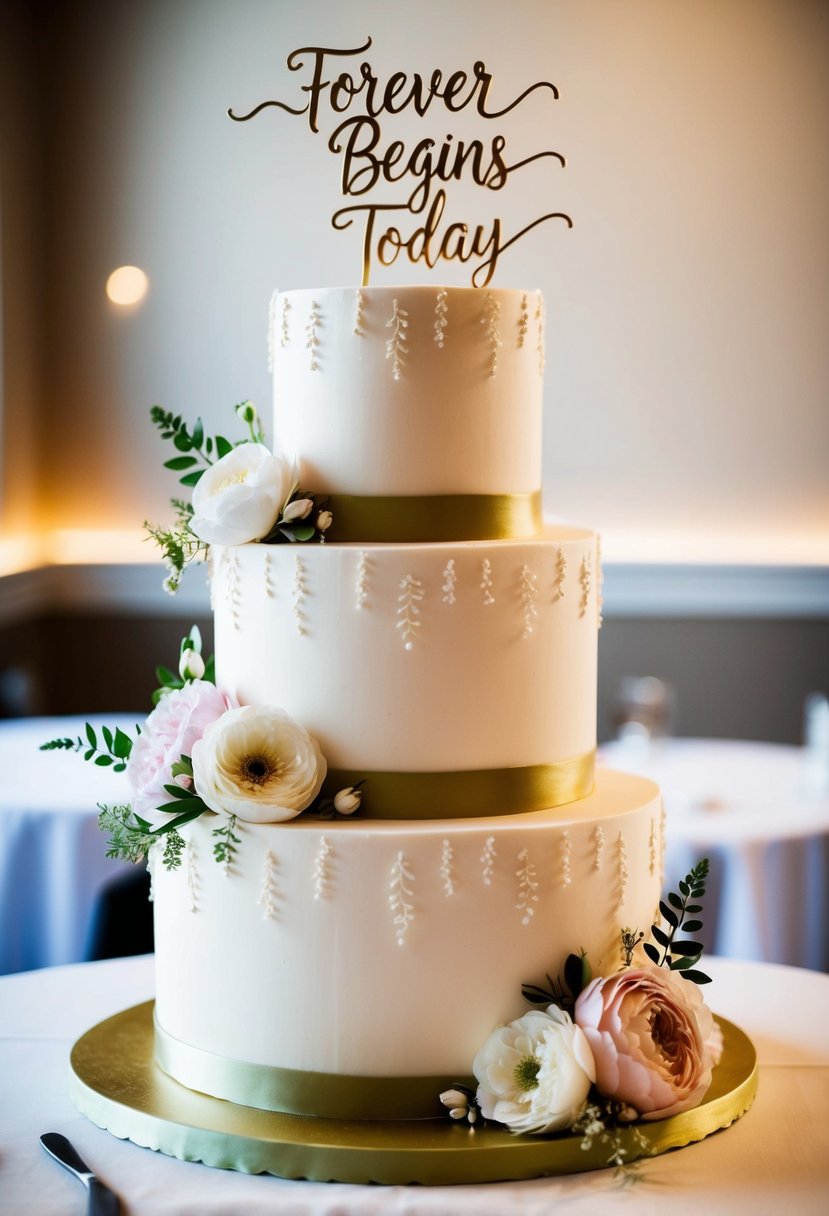 A tiered wedding cake with elegant floral decorations and the words "Forever Begins Today" written in delicate script on the top tier