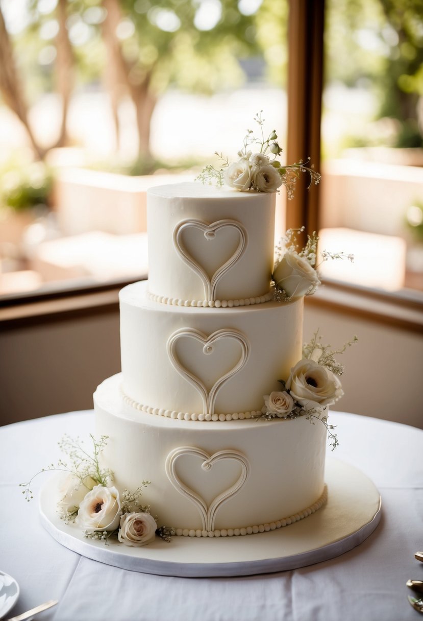 A wedding cake with intertwined hearts, two souls becoming one, surrounded by delicate flowers and elegant details