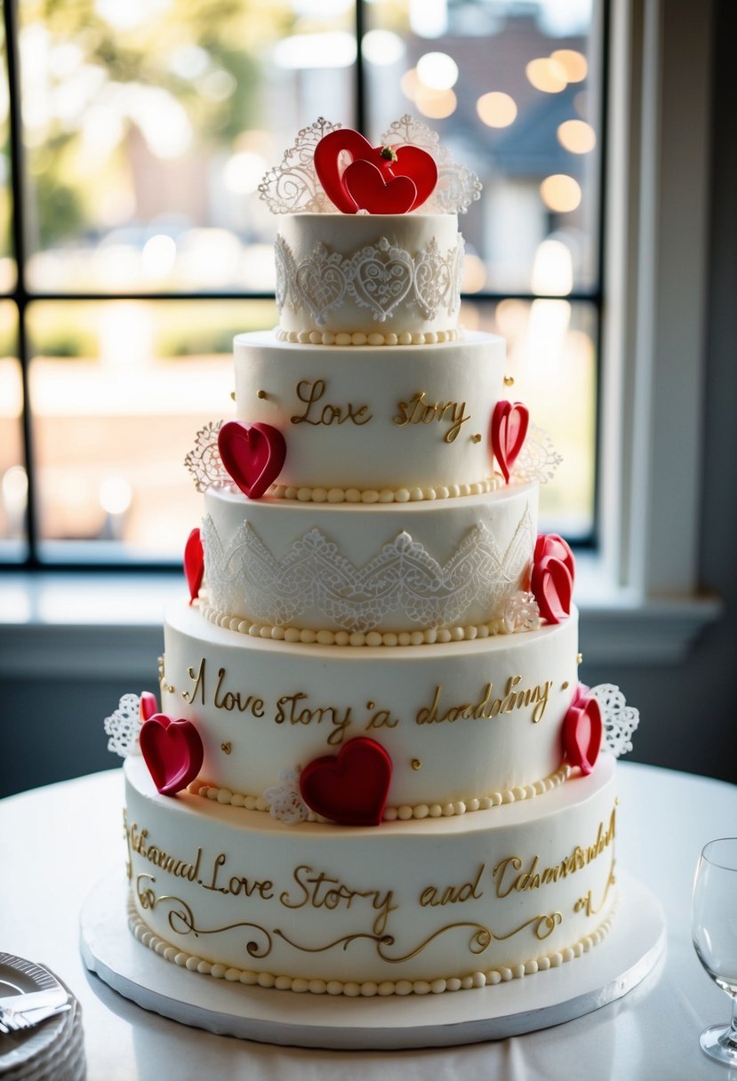 A tiered wedding cake adorned with intricate icing designs of intertwining hearts, delicate lace patterns, and elegant script spelling out a love story